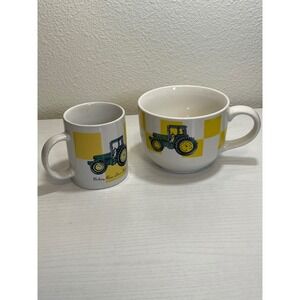 John Deere  Gibson Mug and Soup Bowl Set White Green Yellow Tractor Graphics